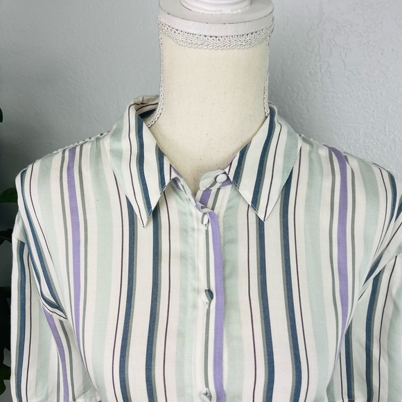 NEW VINCE CAMUTO Stripe Drawstring Button Up Shirt Cream Ivory Green - Picture 4 of 8
